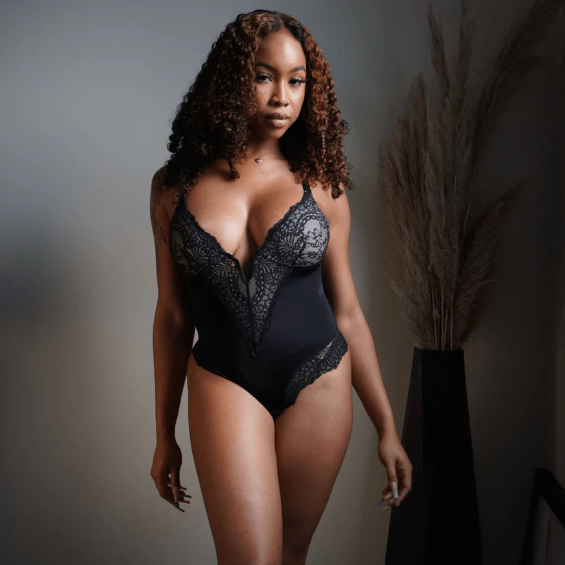 GoddessCurve™ Deep-V Neck Lace Sculpting Bodysuit